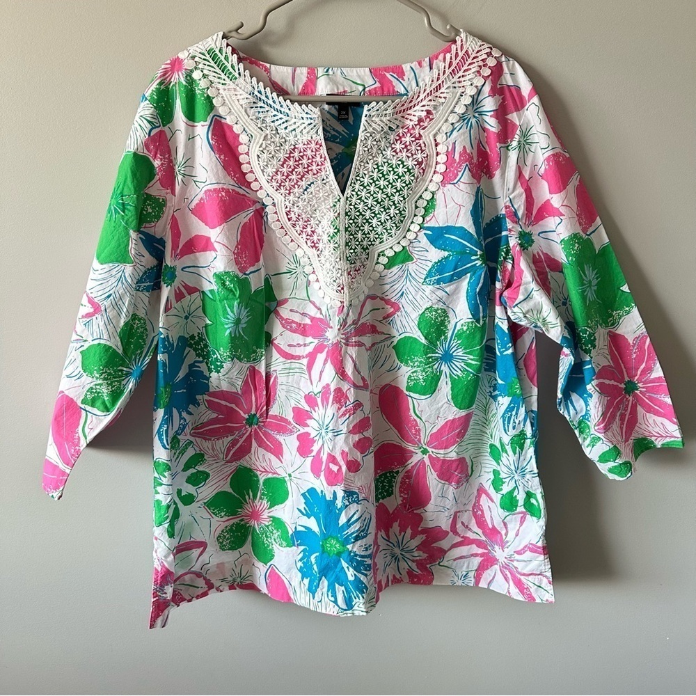 Talbots Lace Embroidered Bib Anguilla Floral Tunic Top Blouse Size 2X Plus